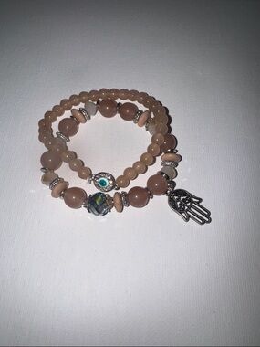 Beige Stone Beaded Hamsa Charm Bracelet Set
